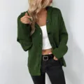 Detailed view of the dark green hooded knit cardigan, showcasing the button closure and texture. - Army Green