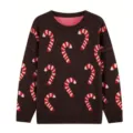 Gedetailleerd overzicht van de kerst trui met zuurstok print en ronde hals dames. - 0XL / koffiekleur