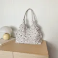 Korean style canvas tote bag with star print, casual pleated shoulder bag for daily commuting. - Starry Polka Dots / White