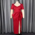 Élégante robe de soirée rouge pour femmes avec manches courtes, grand nœud et fente. - S / Rouge
