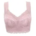 Detailed view of pink lace bralette featuring wide straps and delicate floral embroidery. - M / Tops / Pink