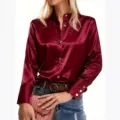 Women's wine red satin long sleeve blouse stand collar casual work shirt detail view. - S / Tops / Burgundy