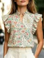 Blusa sin mangas con estampado floral vintage, cuello alto de volantes y elegante cuello en V. - S / Tops / Estampado Paisley Azul