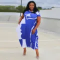Plus size women short sleeve crewneck irregular printed dress casual summer maxi dress - M / Dresses / Blue