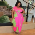 Plus size short sleeve round neck abstract print irregular long dress for women casual wear. - M / Dresses / Rose Red