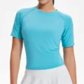 Γυναικείο κοντομάνικο crop top γυμναστικής yoga t-shirt αθλητικό εφαρμοστό ρούχο - Μπλε Κάπρι