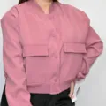 Pink bomber jacket detail, snap button closure, chest pockets, ribbed hem and collar. - S / Tops / Pink