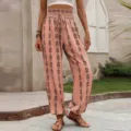 Hoge taille roze geprinte casual lantaarn broek met trekkoord en relaxte pasvorm. - S / Bottoms / Oranje