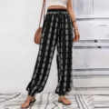 Boho zwart wit geprint trekkoord wijde pijpen lantaarn broek casual dames broekje - S / Bottoms / Zwart