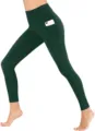 Dark green high-waist fitness yoga pants detail, featuring a convenient side phone pocket. - Dark Green