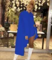 Women solid color long sleeve shirt dress with eyelet cutout and irregular hem design. - Blue