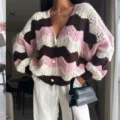 Women chevron colorblock hollow out V-neck long sleeve knit cardigan sweater detail view - S / Tops / Pink