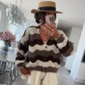 Women's chic chevron color-block hollow-out V-neck long sleeve knit cardigan sweater. - S / Tops / Brown
