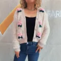 Süße flauschige 3D Blumen Strickjacke für Damen, stylischer kuscheliger Pullover Top. - S / Oberteile / Aprikose