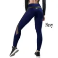 Detail view of women yoga pants with mesh panels and PU leather waistband, back perspective. - S / Bottoms / Navy Blue