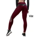 Wine red women yoga pants with mesh side panels and PU waist design for fitness workout. - S / Bottoms / Burgundy