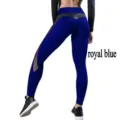 Women royal blue high waist yoga pants mesh PU patchwork fitness gym active leggings - S / Bottoms / Sapphire Blue