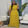Women off shoulder crop top and tiered maxi skirt two piece set yellow fashion outfit - L / Top And Bottom / Yellow