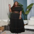 Plus size women two piece outfit crop top and tiered maxi skirt black casual set style - L / Top And Bottom / Black