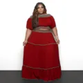 Detail view of the stylish two-piece crop top and maxi skirt set featuring contrasting trim. - L / Top And Bottom / Red