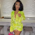 Sexy neon yellow sheer paisley print deep V ruched bodycon long sleeve dress detail. - S / Dresses / Yellow