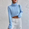 Light blue cable knit turtleneck crop sweater for women, stylish long sleeve autumn top. - S / Tops / Blue