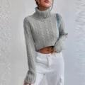 Grey turtleneck cable knit crop sweater for women, long sleeve autumn winter pullover top. - S / Tops / Gray