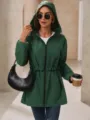 Women stylish dark green hooded jacket with drawstring waist and zipper for autumn. - Dark Green