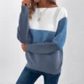 Γυναικείο casual πλεκτό πουλόβερ μπλοκ χρώματος μακρυμάνικο στρογγυλή λαιμόκοψη χειμώνας - S / Tops / Μπλε
