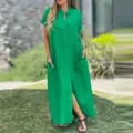 Outdoor model wearing green linen dress detail, pocket and button close-up view scenery - S / Dresses / Green