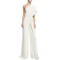 Detailed view of women's elegant white one-shoulder cape jumpsuit showcasing wide-leg design. - S / Top And Bottom / White