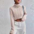 Womens cropped turtleneck cable knit sweater, long sleeve casual pullover knitwear top. - S / Tops / Light Pink