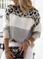 Chic colorblock leopard print long sleeve crewneck sweater for women stylish knit pullover. - S / Gray