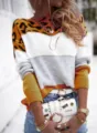 Close-up detail of stylish color-block leopard print long-sleeve knit sweater, casual chic. - S / Yellow