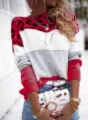 Close-up detail of the stylish color-block leopard print long sleeve knit sweater texture. - S / Red