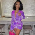 Detailed view of the sexy purple paisley print mesh long sleeve bodycon mini dress. - S / Dresses / Purple
