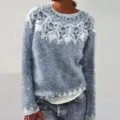 Women's classic round neck long sleeve knit sweater with Nordic patterned winter top - S / Tops / Snow Wolf (Color Block)