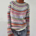 Women's colorful striped knitted sweater, casual round neck long sleeve winter pullover top. - S / Tops / Blue (Vintage Geometric)