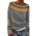 Womens crewneck colorblock knit sweater, casual long sleeve pullover top detail view. - S / Tops / Yellow (Geometric Jacquard)