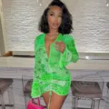 Sexy green mesh print long sleeve deep v ruched bodycon mini dress for women party clubwear - Green