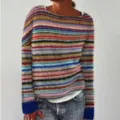 Women casual colorblock striped knitted sweater pullover comfortable long sleeve top detail - S / Tops / Rainbow Stripe (Color Block)