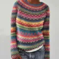 Close up view of the colorful geometric pattern knit sweater, showing detailed fabric texture. - S / Tops / Rose Red (Geometric Texture)