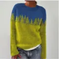 Casual round neck colorblock loose knit sweater with pine tree pattern for women. - S / Tops / Yellow & Blue