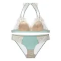 Sexy grünes besticktes Triangel-BH-Set, bügellose dünne Körbchen mit transparentem Netzrücken. - S / Set / Grün