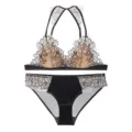 Damen sexy durchsichtige Mesh Blumen bestickte bügelose Triangel BH und Höschen Set - S / Set / Schwarz