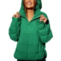 Green quilted detail of women winter hooded padded jacket with snap buttons and front pocket. - Green