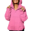 Detail view of women winter pink quilted puffer jacket with hooded design and warm fit. - Glitter
