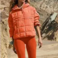 Women's orange quilted puffer jacket long sleeve hooded winter outerwear casual top - Orange