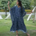 Blue V-neck printed caftan beach cover-up dress for women summer casual vacation wear - One Size / Dresses / Blue
