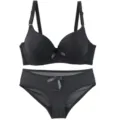 Black seamless smooth push up bra and panty lingerie set detailed view, comfortable daily wear. - Black
